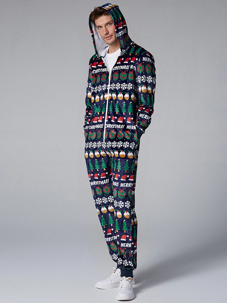 Mens Christmas Pattern Onesies Hooded Pajamas Set