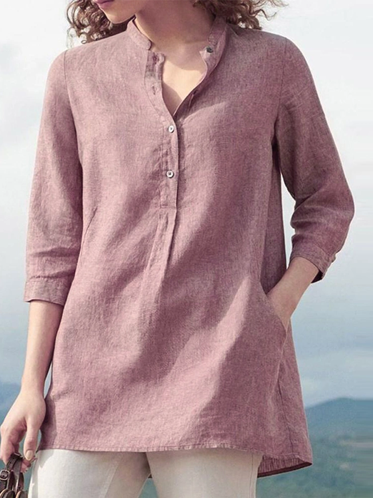 3/4 Sleeve V Neck Button Down Tops Casual Loose Shirts