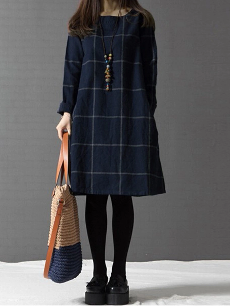 Casual Women Plaid Pocket Cotton Linen Dress