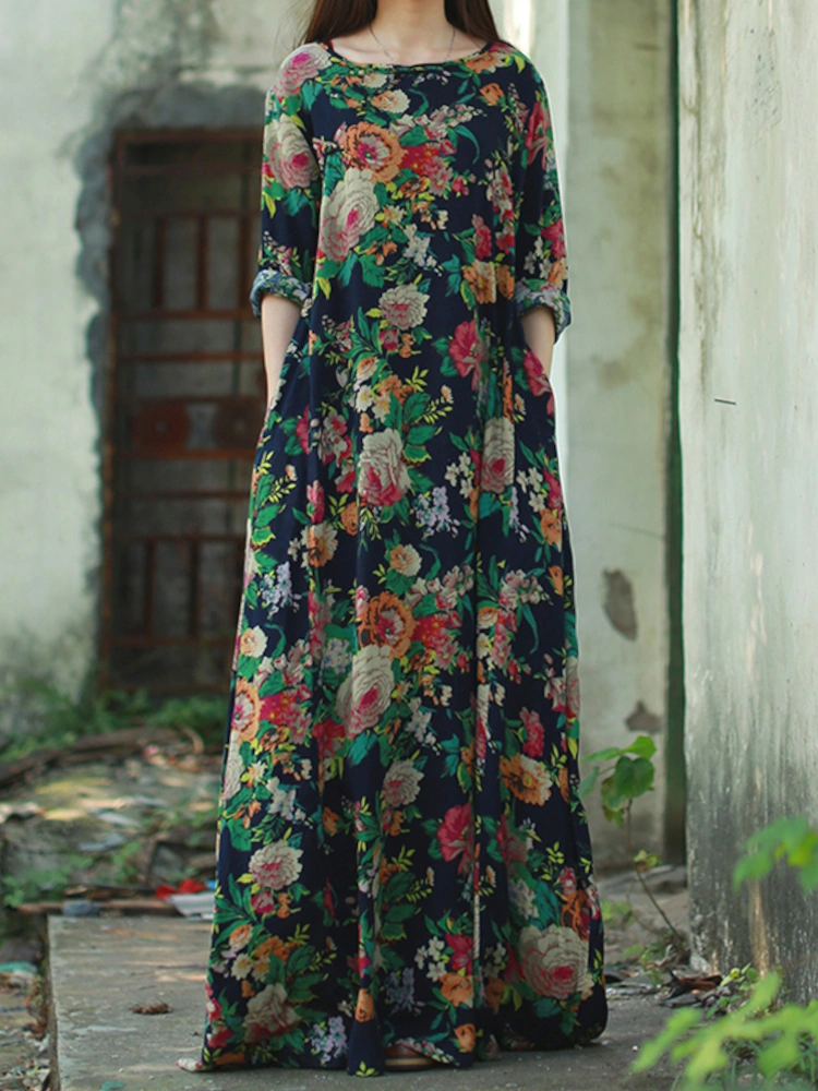 Retro Floral Printed Floor-Length Dress