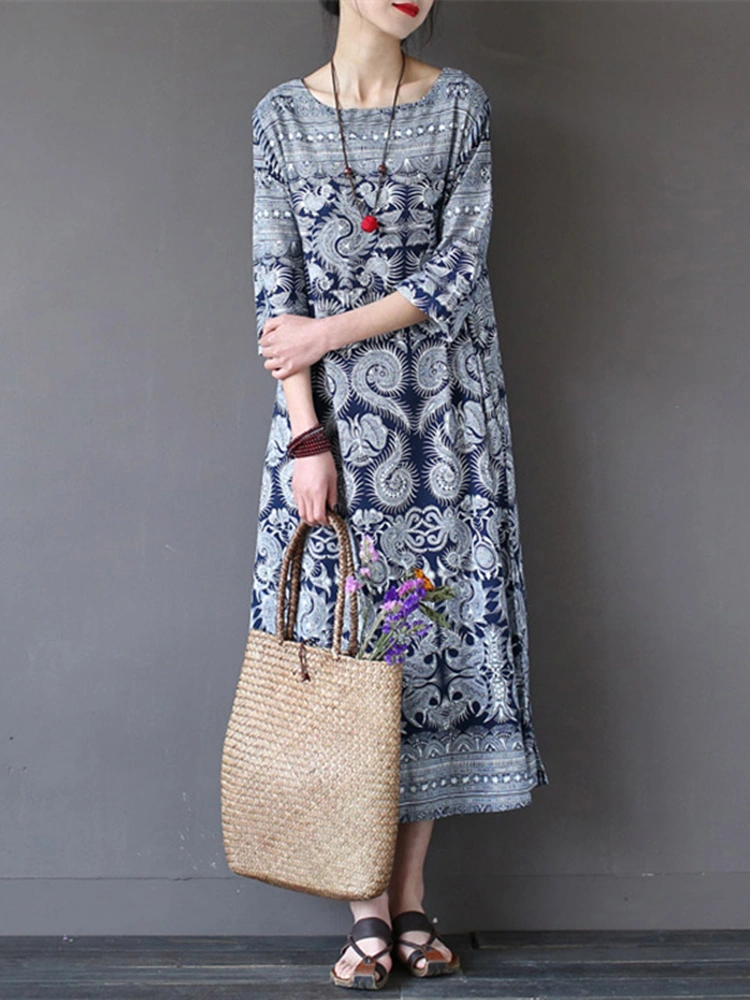 Women Retro Printing 3/4 Sleeve Maxi Dress