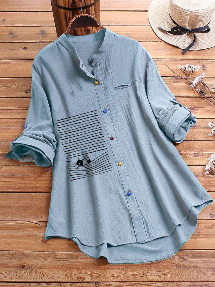 Stripe Cartoon Print Colorful Button Shirts
