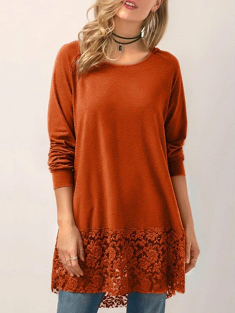 Women Solid Color Lace Patchwork Hooded Sweatshirt Blouse