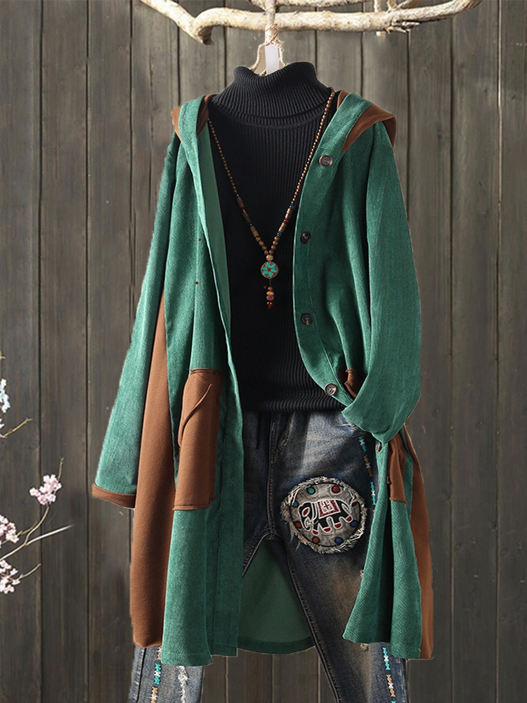 Corduroy Patchwork Hooded Plus Size Women Long Coats