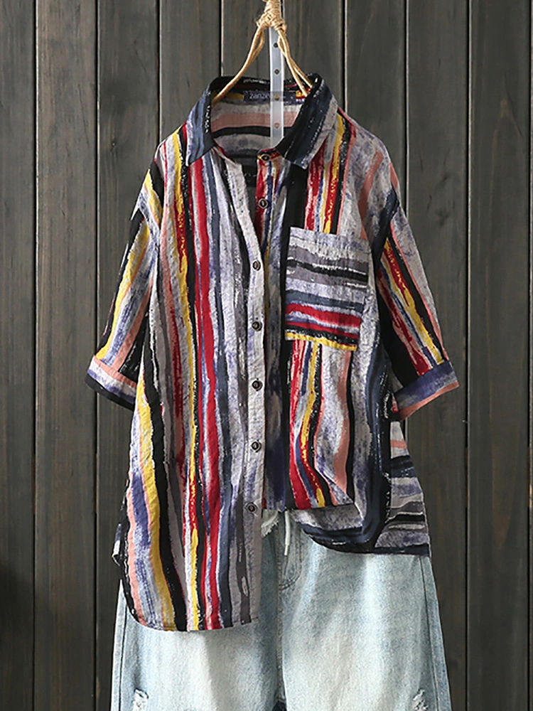 Buttons Down Stripe Turn Down Collar Blouse