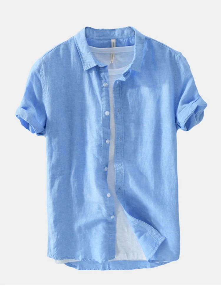 Mens Fashion New Solid Color Basic Short Sleeved Linen Shirt