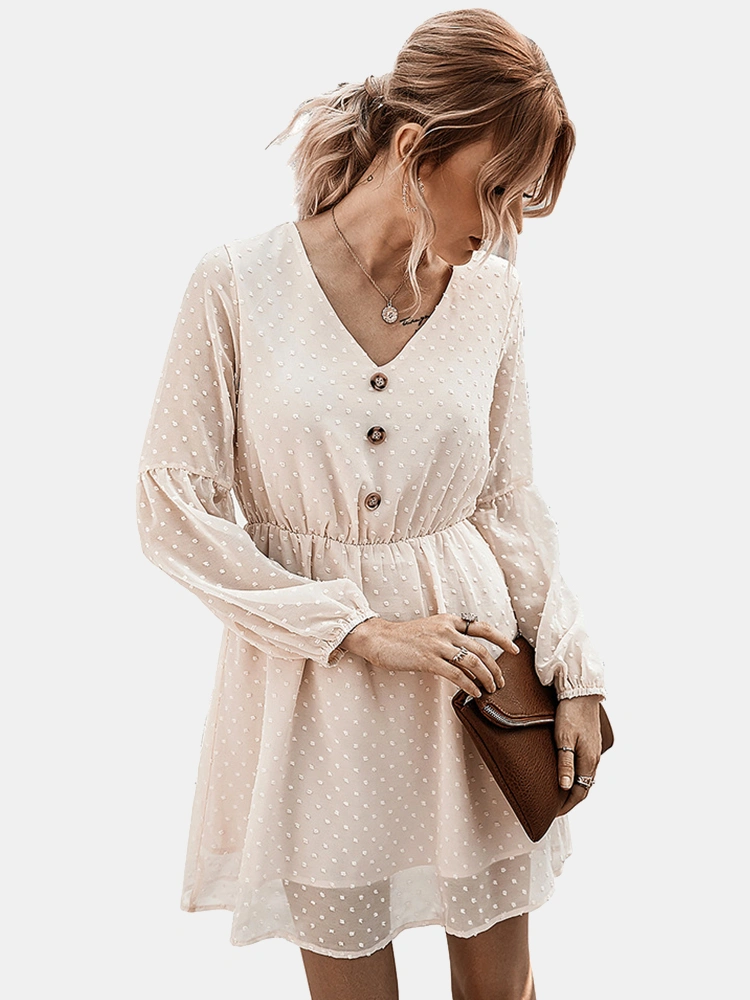 Women Polka Dot Mesh Patchwork Button Long Sleeve Dress