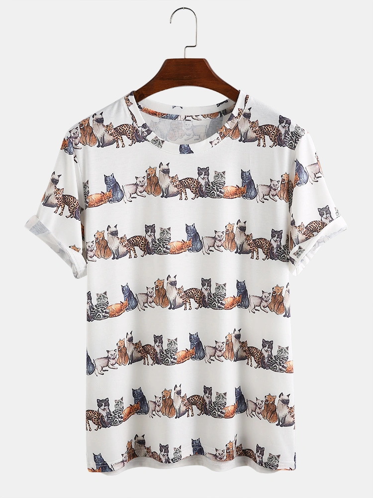 Mens Classical Oil Print Foxes Cartoon O-neck T-shirts