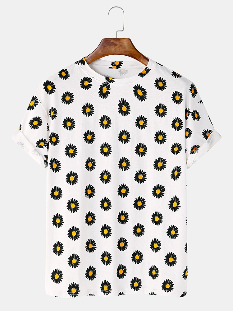 Mens Cotton Small Daisy Print Light Breathable Casual Round Neck T-shirts