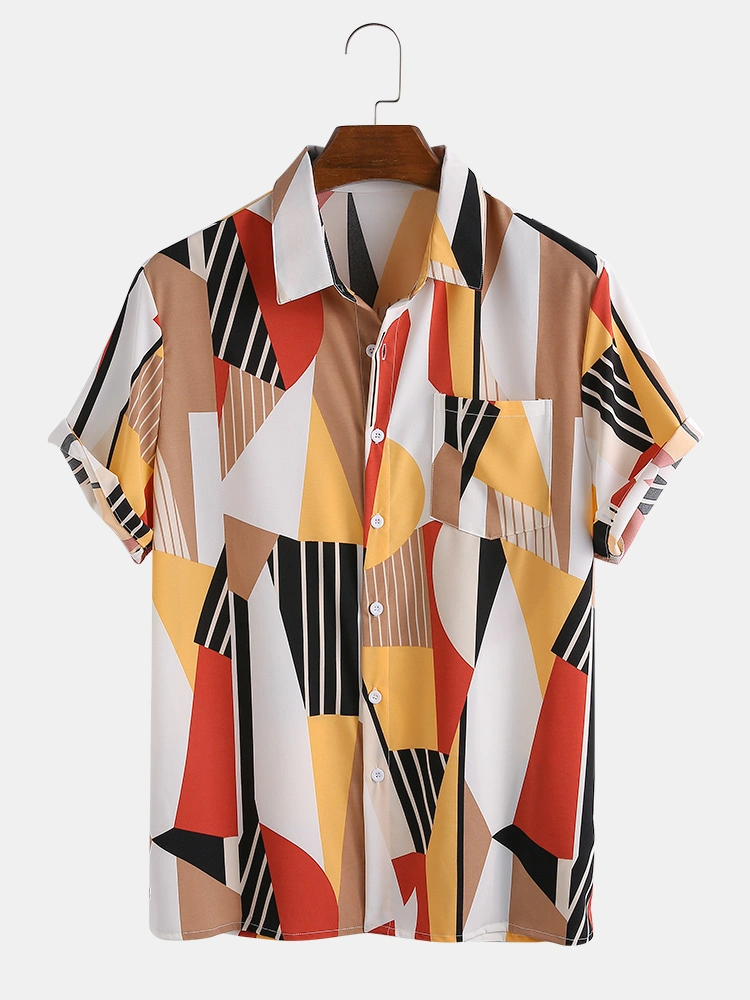 Mens New Color Block Print Turn Down Collar Short Sleeve Shirts