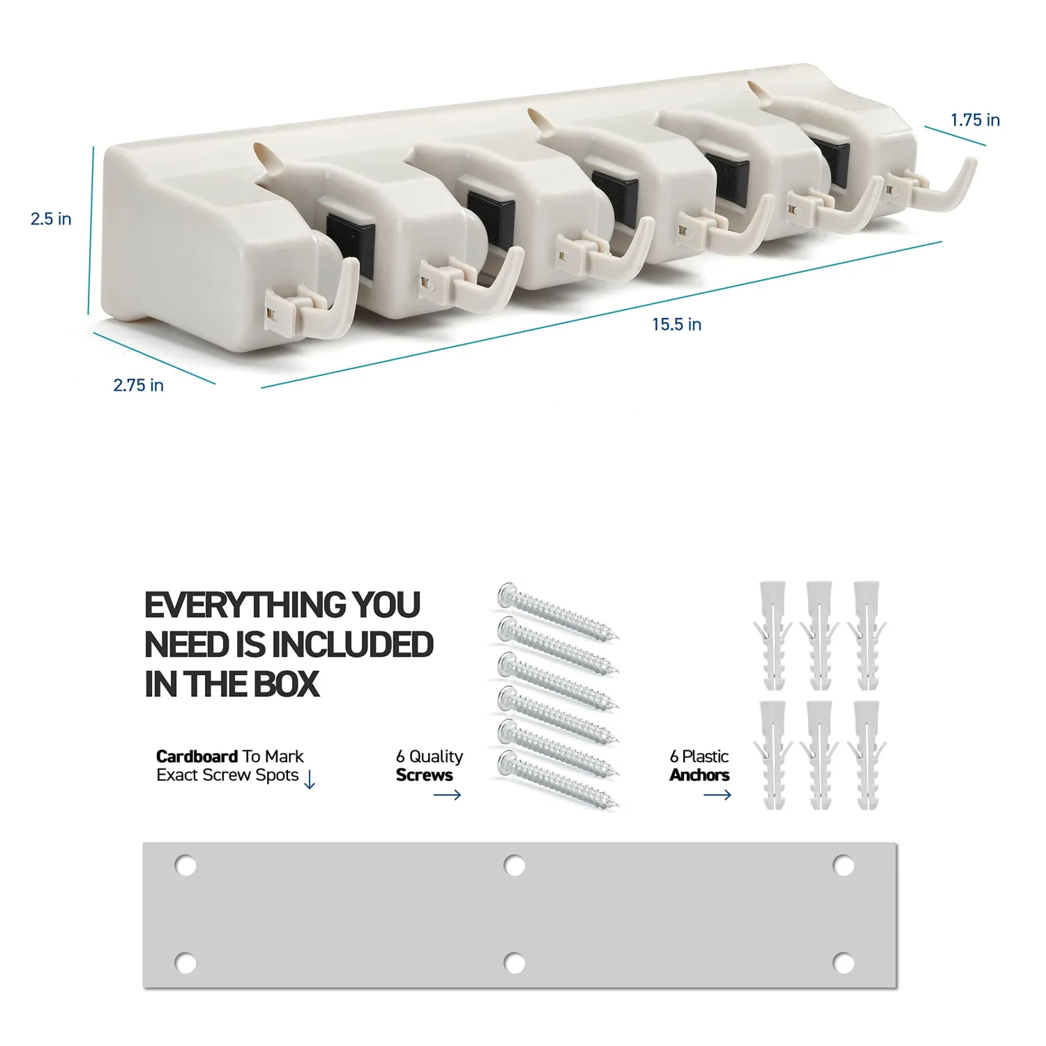 HOME IT Mop And Broom Holder - Garage Storage Systems with 5 Slots, 6 Hooks, 7.5lbs Capacity Per Slot - Garden Tool Organizer For 11 Tools - For Home, Kitchen, Closet, Laundry Room - Off-White