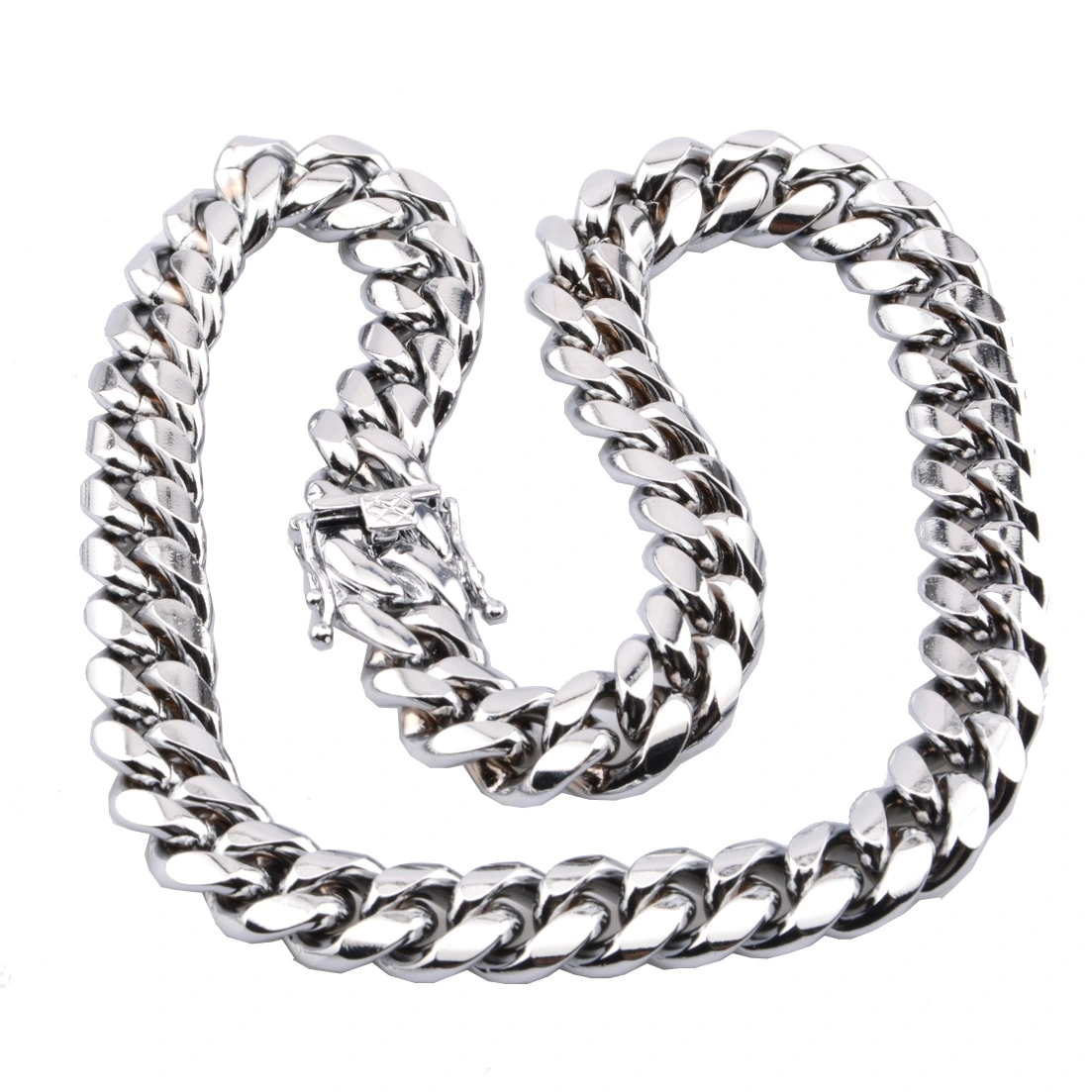 New men's hot Cuban chain faucet buckle silver necklace stainless steel titanium steel encryption plating white steel