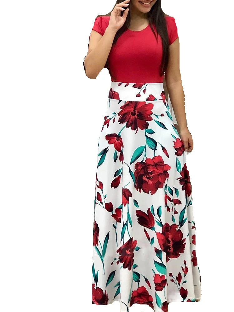 European and American style flower print color matching dress long skirt