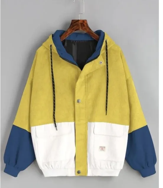 Korean version of college wind student BF loose color matching hooded baseball uniform corduroy tooling jacket female