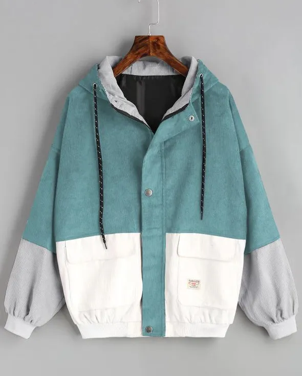 Korean version of college wind student BF loose color matching hooded baseball uniform corduroy tooling jacket female