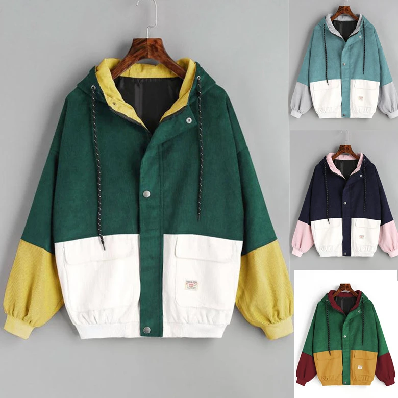 Korean version of college wind student BF loose color matching hooded baseball uniform corduroy tooling jacket female
