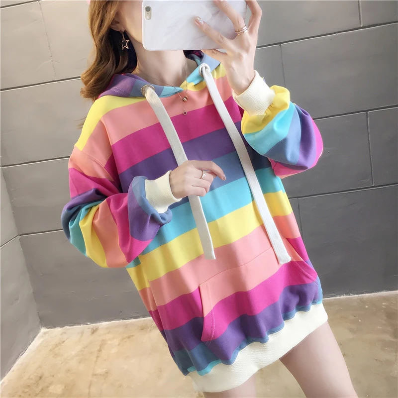 Rainbow stripes loose hood Sweater
