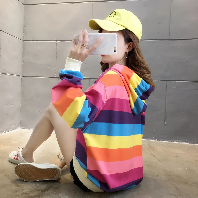 Rainbow stripes loose hood Sweater