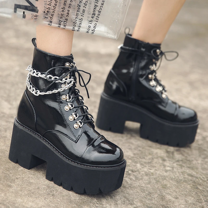 Chain zipper punk style short boots women