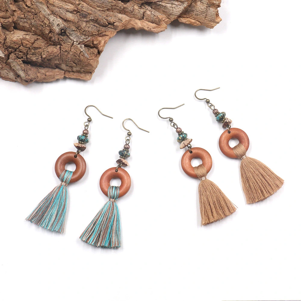 Wood Pendant Tassel Earrings