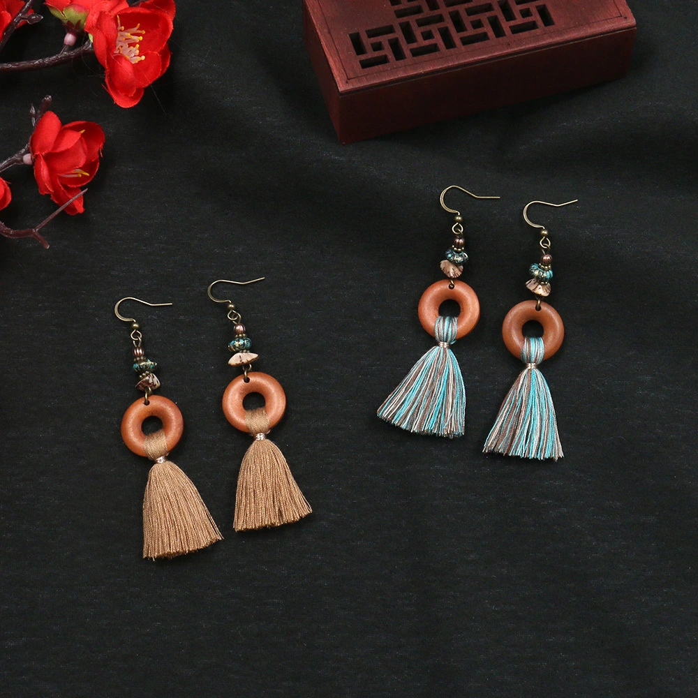Wood Pendant Tassel Earrings