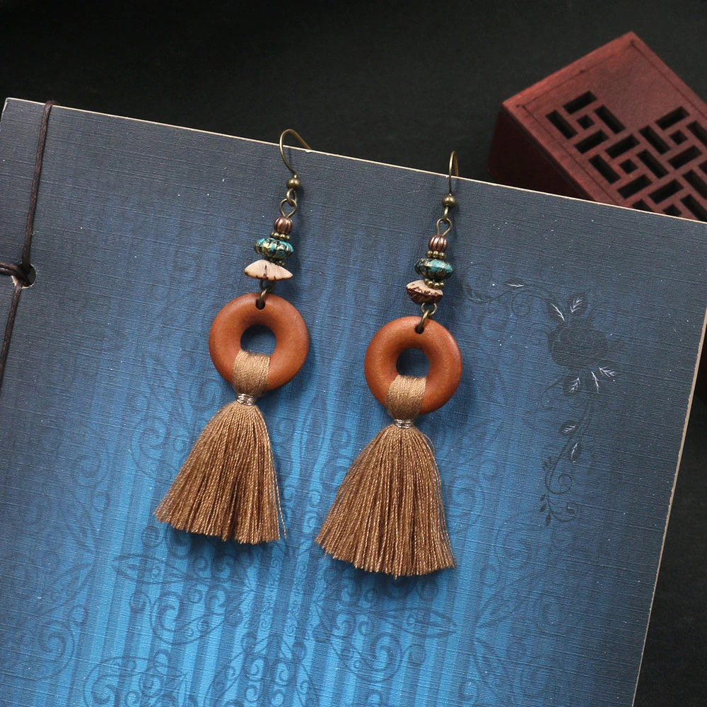 Wood Pendant Tassel Earrings