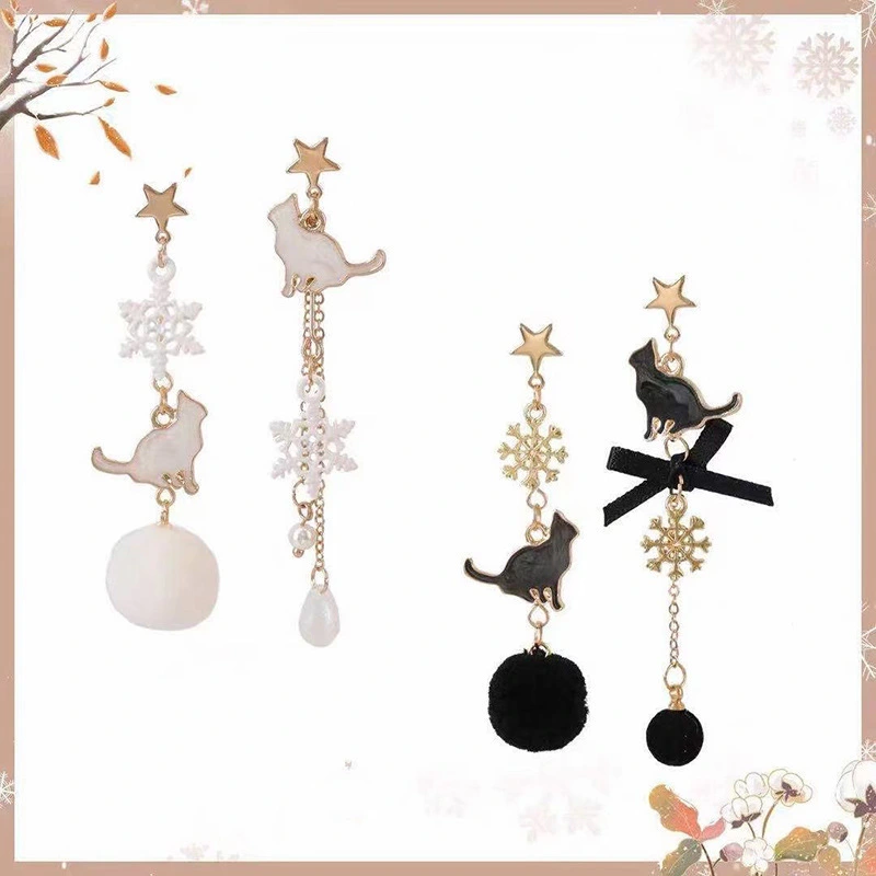 Cute Black and White Cat Personality Earrings Asymmetrical Earrings Girl