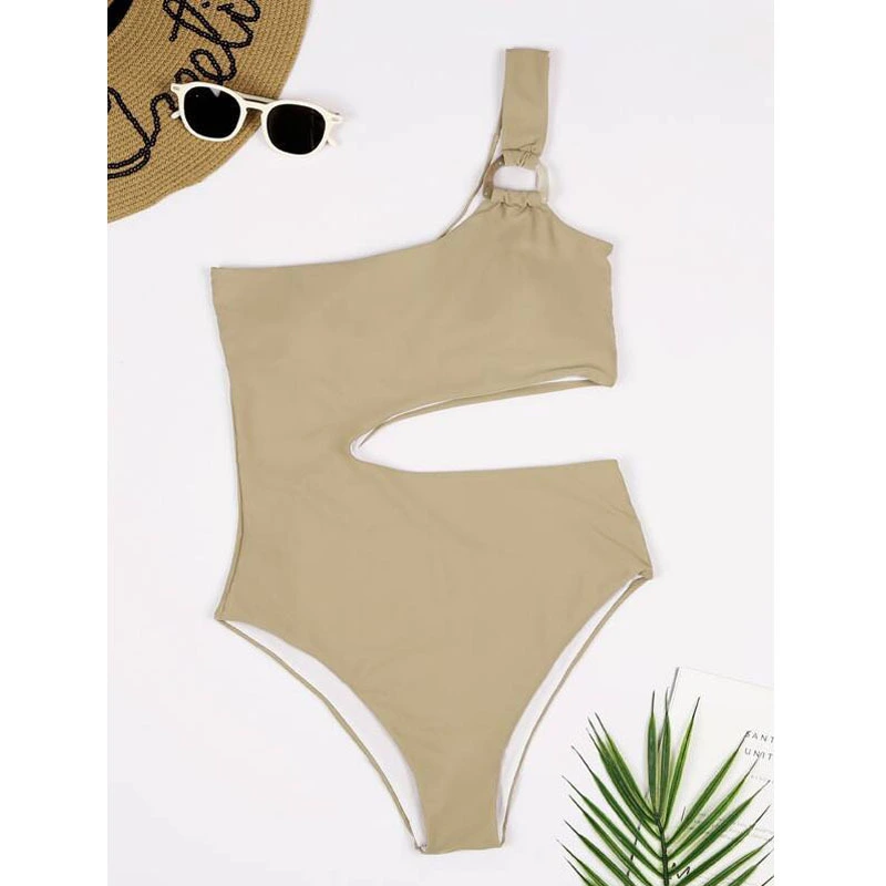 Solid Color One-piece Swimsuit Feminine Waistless Swimsuit One-shoulder Two-color Swimsuit