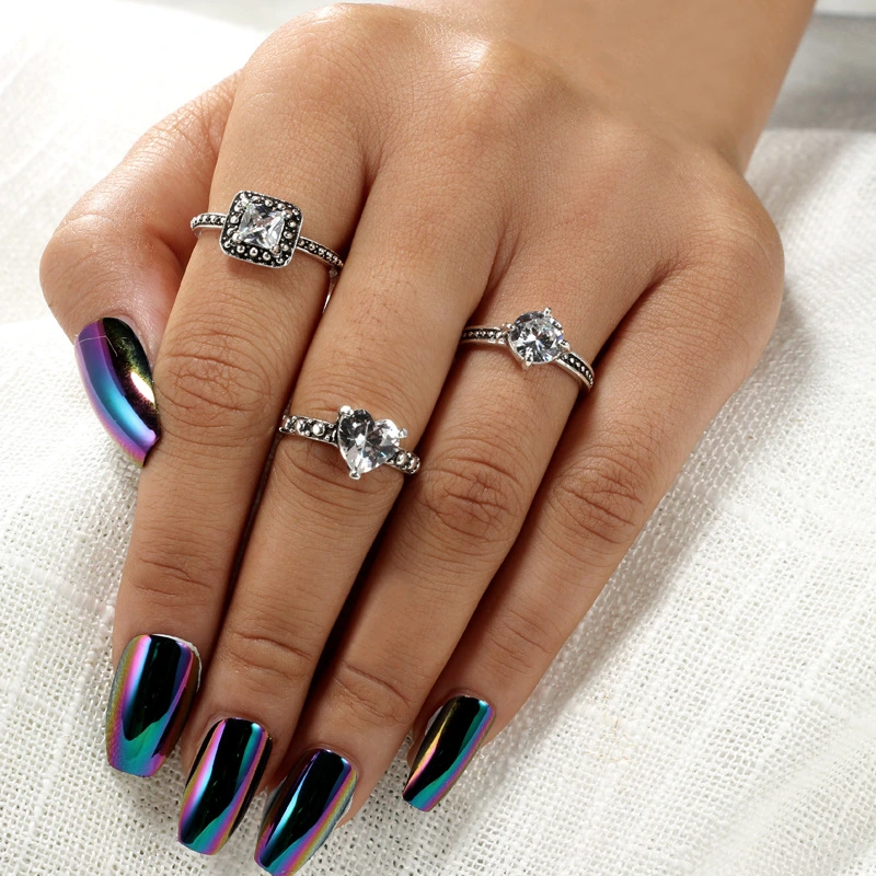 European and American cross-border jewelry Geometric round heart-shaped large gemstone diamond ring set 3 piece set ring
