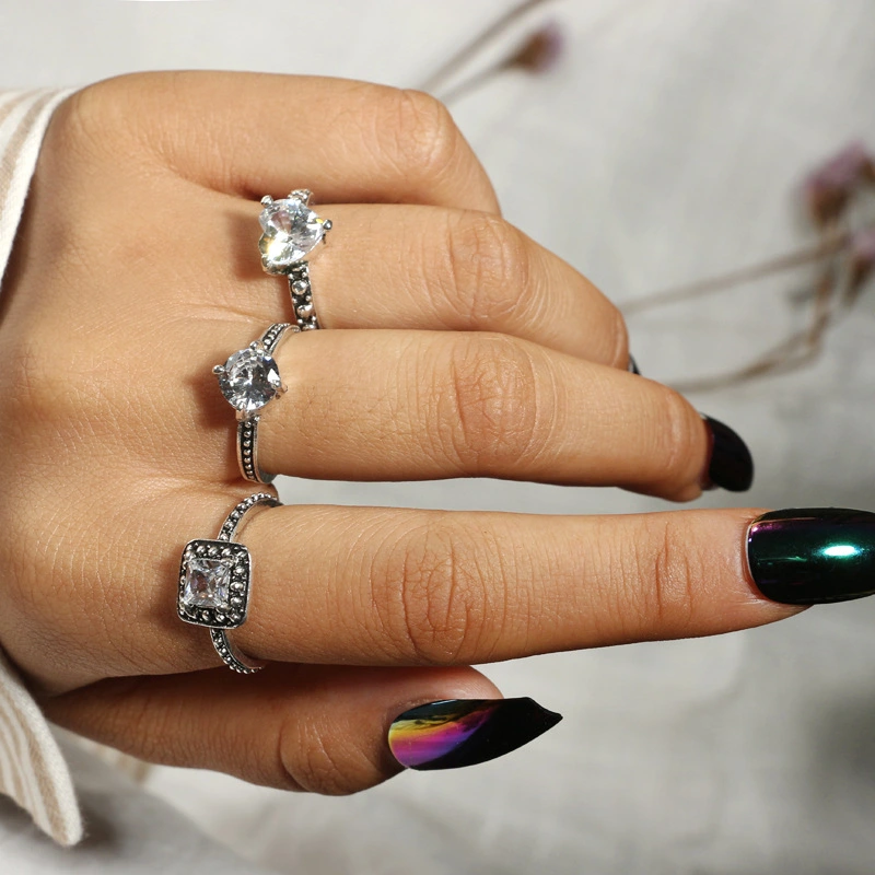 European and American cross-border jewelry Geometric round heart-shaped large gemstone diamond ring set 3 piece set ring