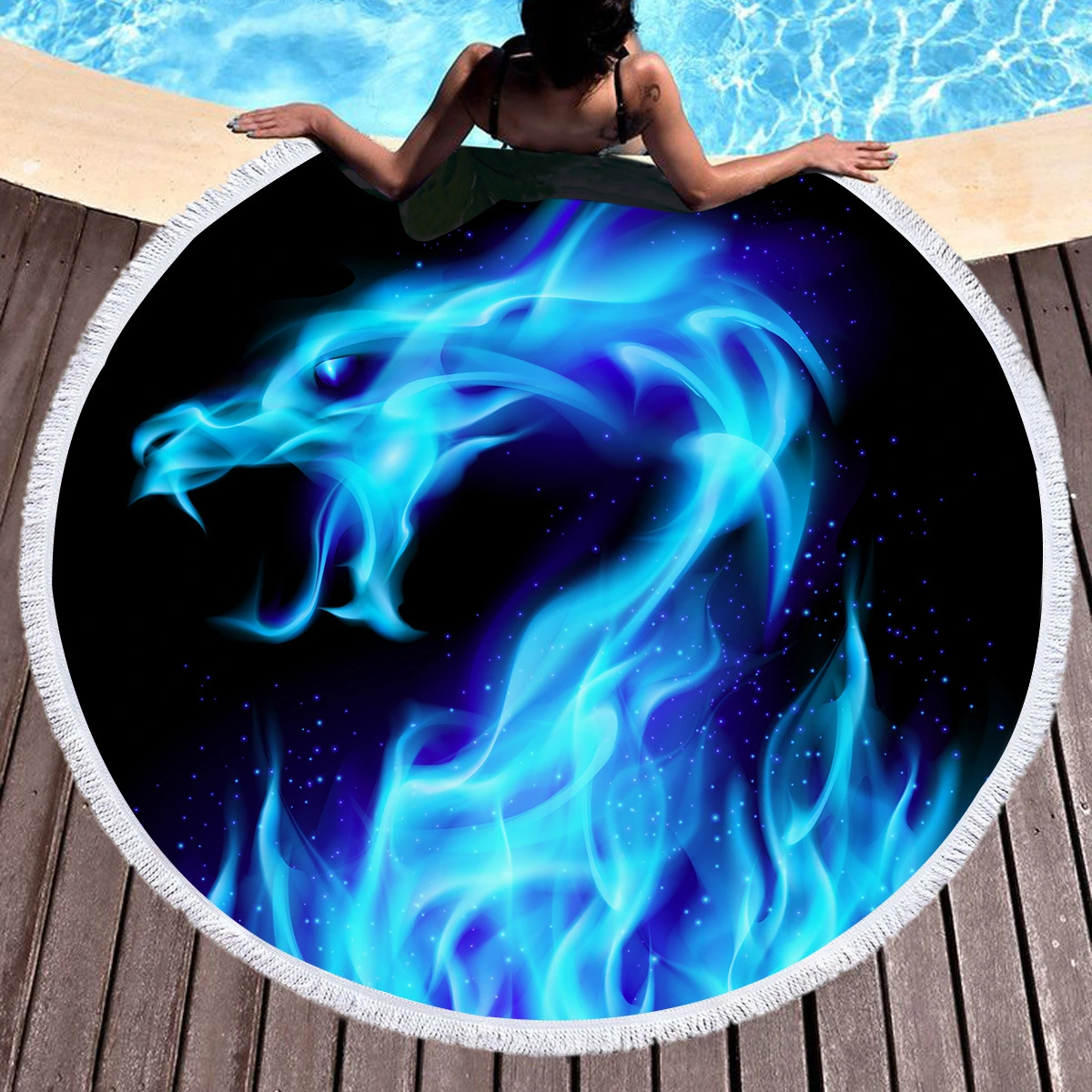 Novelty gift cool blue fire dragon swimming beach towel tapestry round floor mat tassels Photography props, 150cm