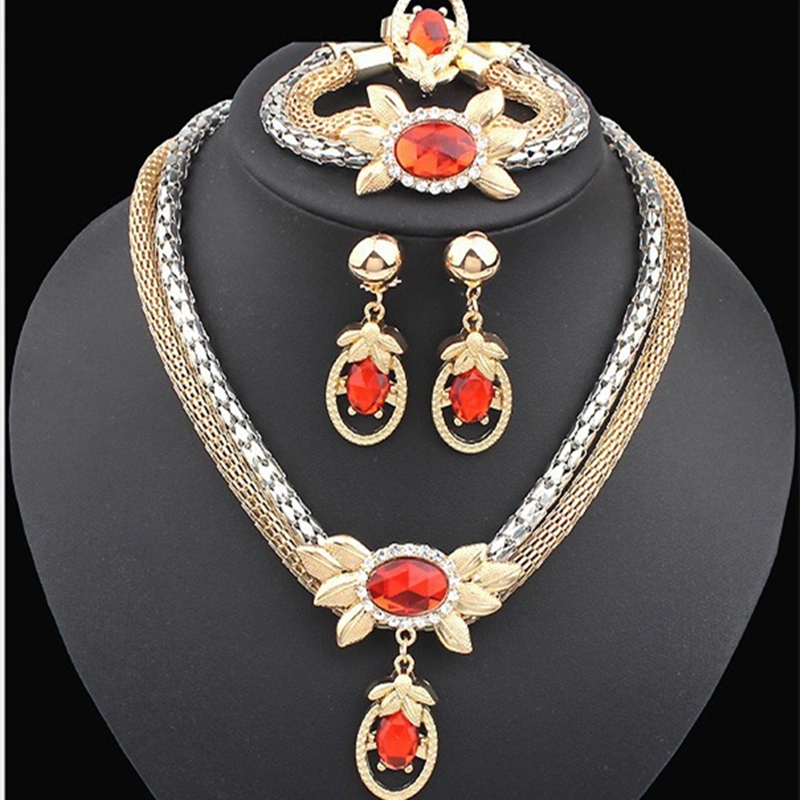 Bridal alloy four pieces of European and American double color crystal flower necklace earrings bracelet ring set 9132