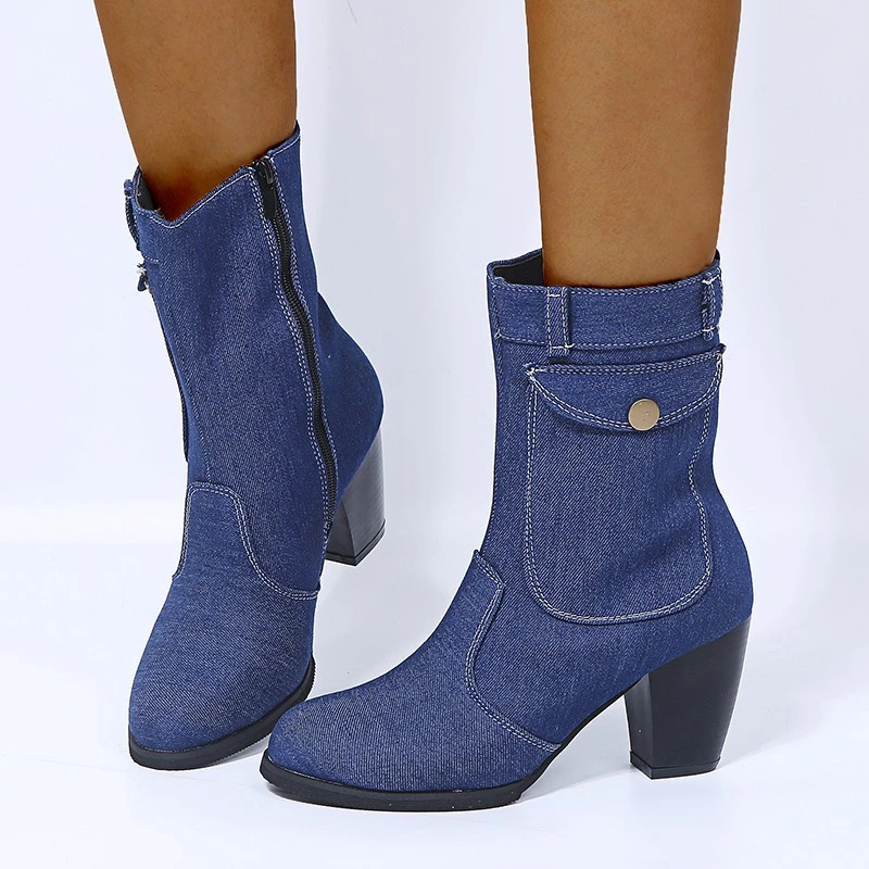 High-heeled Denim Mid-leg Boots For Women
