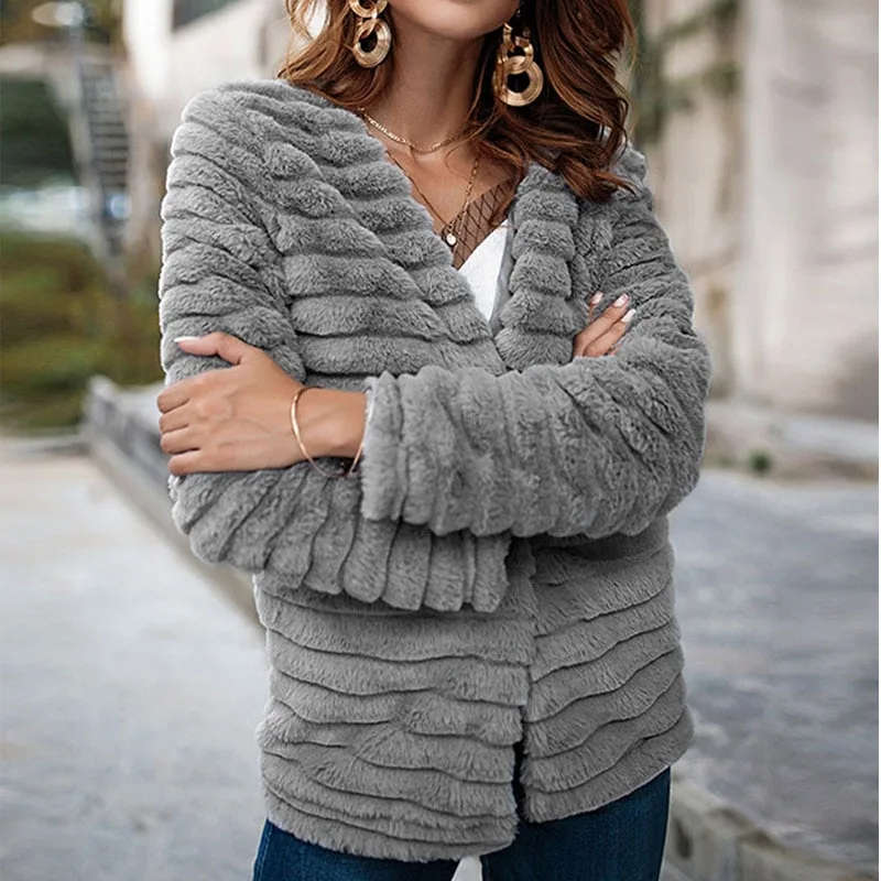 Nadafair Cardigan Fur Coat Women Long Sleeve Shaggy Autumn Winter Faux Fur Jacket 2021 Gray Rabbit Hair Outerwear Coat Female