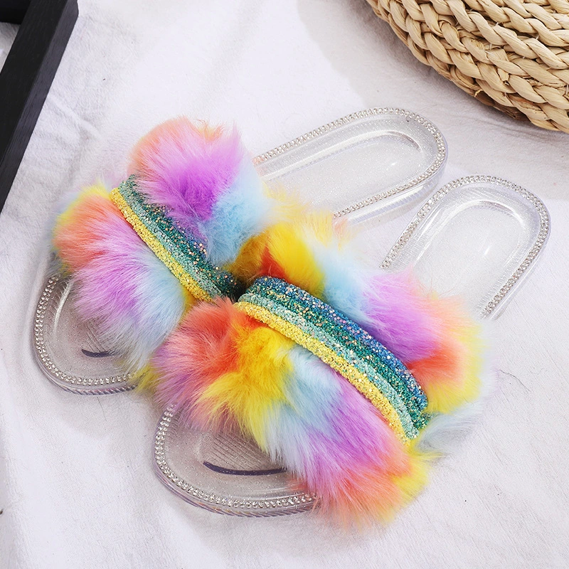 Color Wool Chain Flat Diamond Slippers Lady