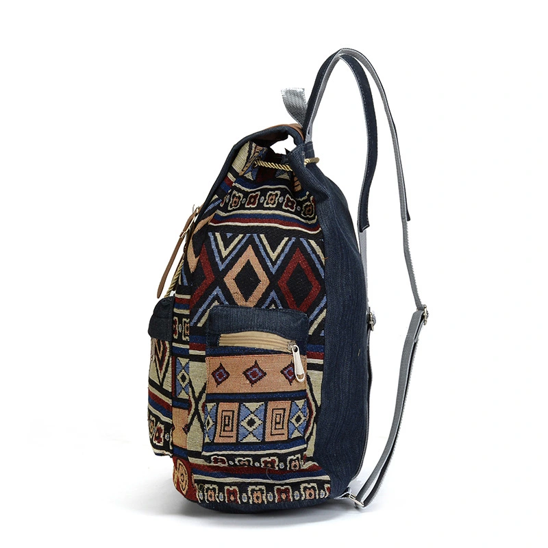 Ethnic Style Denim Large Capacity Drawstring School Bag