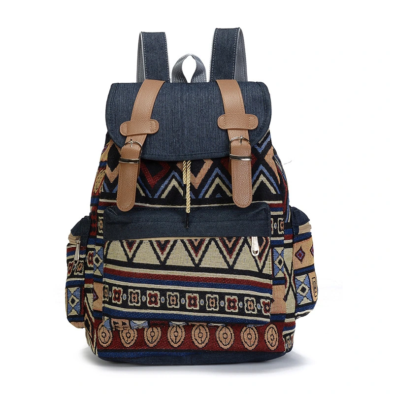 Ethnic Style Denim Large Capacity Drawstring School Bag