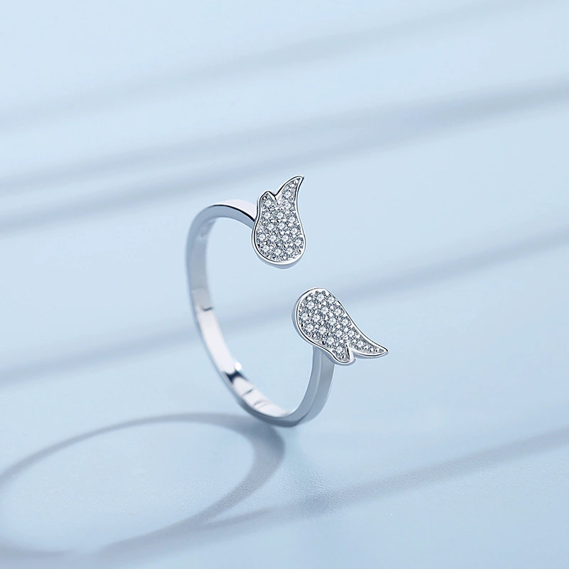 Fashion Sweet Diamond Angel Wing Silver Ring