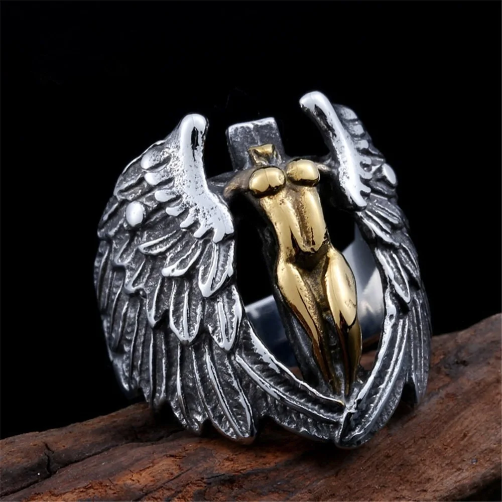 Men's Vintage Winged Angel Cross Ring In Titanium Steel