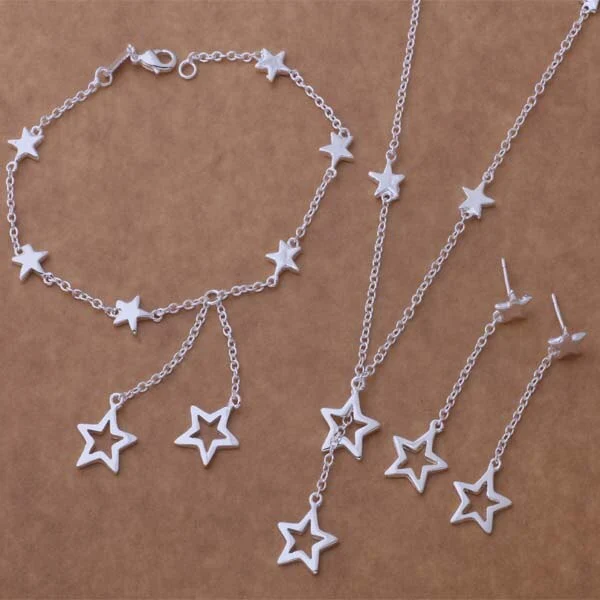 Star Bracelet Necklace Earrings Silver Plated Set