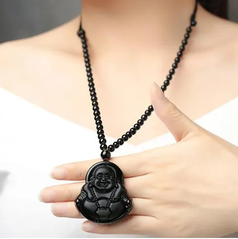 Obsidian Wolf Head Bagua Side Buddha Necklace