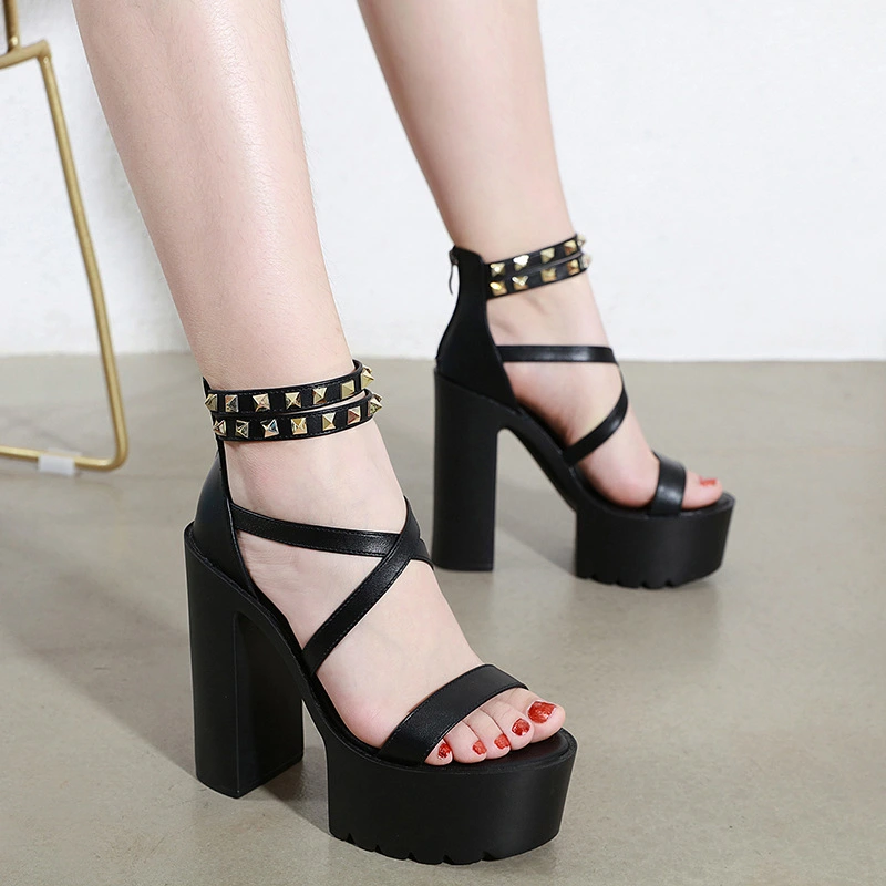 14CM Thick Heel Platform Cross Rivet Sandals
