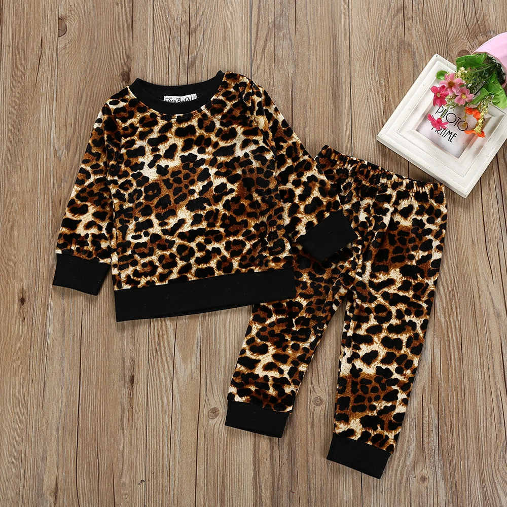 Coral Velvet Leopard Print Long-Sleeved T-Shirt And Trousers Two-Piece Suit