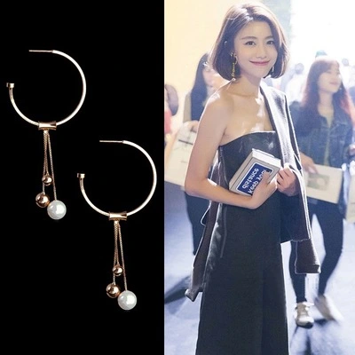 Geometric circle earrings female s925 sterling silver tassel long section pearl earrings fashion hypoallergenic earrings