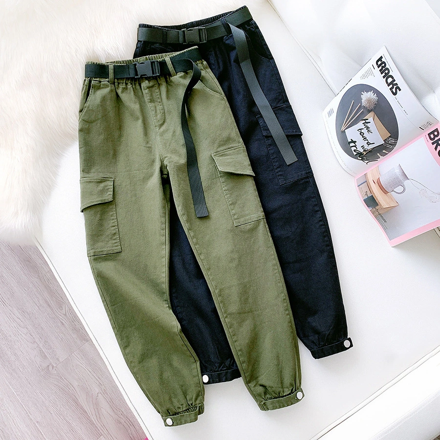 Multi-pocket pants high-waist straight-leg pants