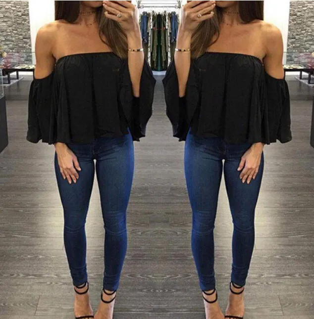 Wrapped chest collar long sleeve chiffon sexy top strapless loose T-shirt