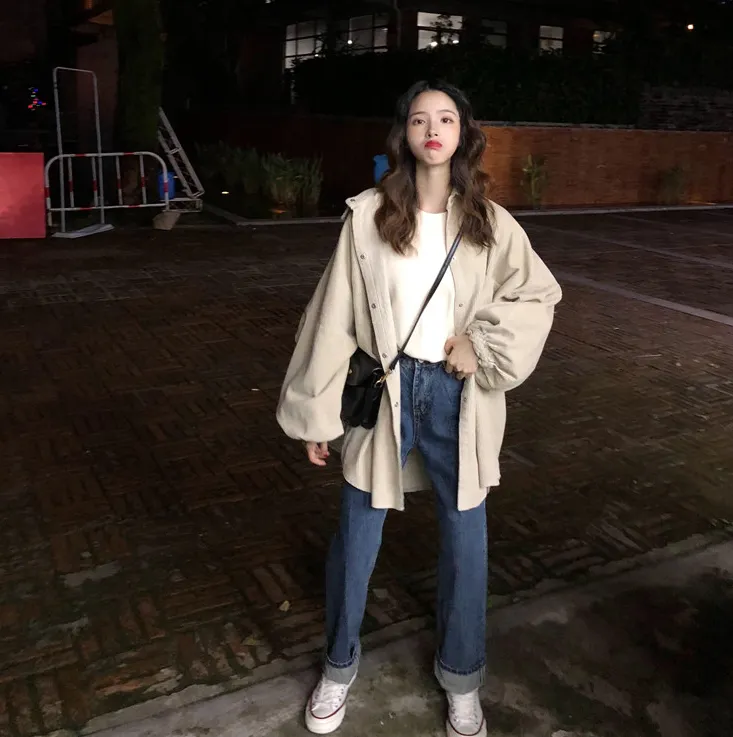 Autumn new casual loose wild long cardigan long-sleeved corduroy jacket
