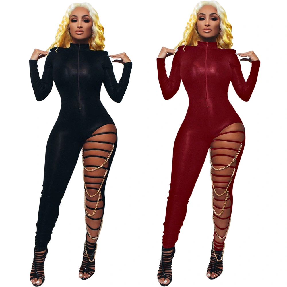 Hole deep V chain slim fit coveralls nightclub clothes