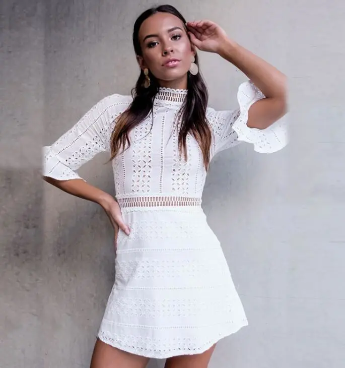 Temperament Trumpet Sleeve Openwork Long Sleeve Slim Waist A-Line Skirt