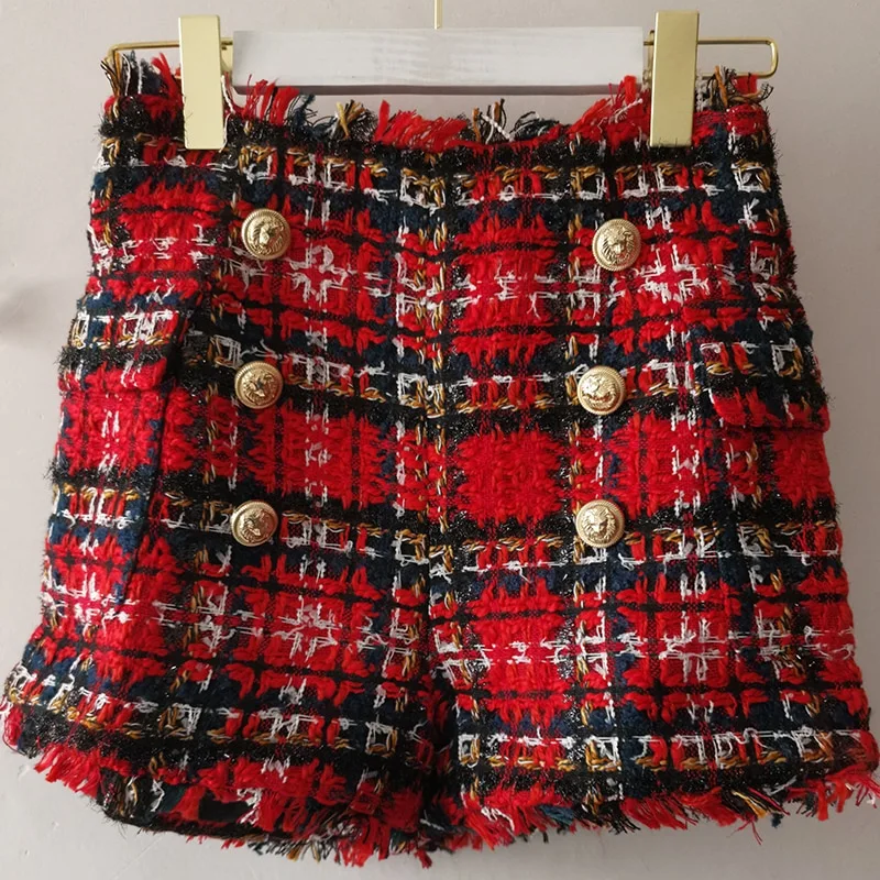 Buttoned Red And Black Blaid Tweed Shorts